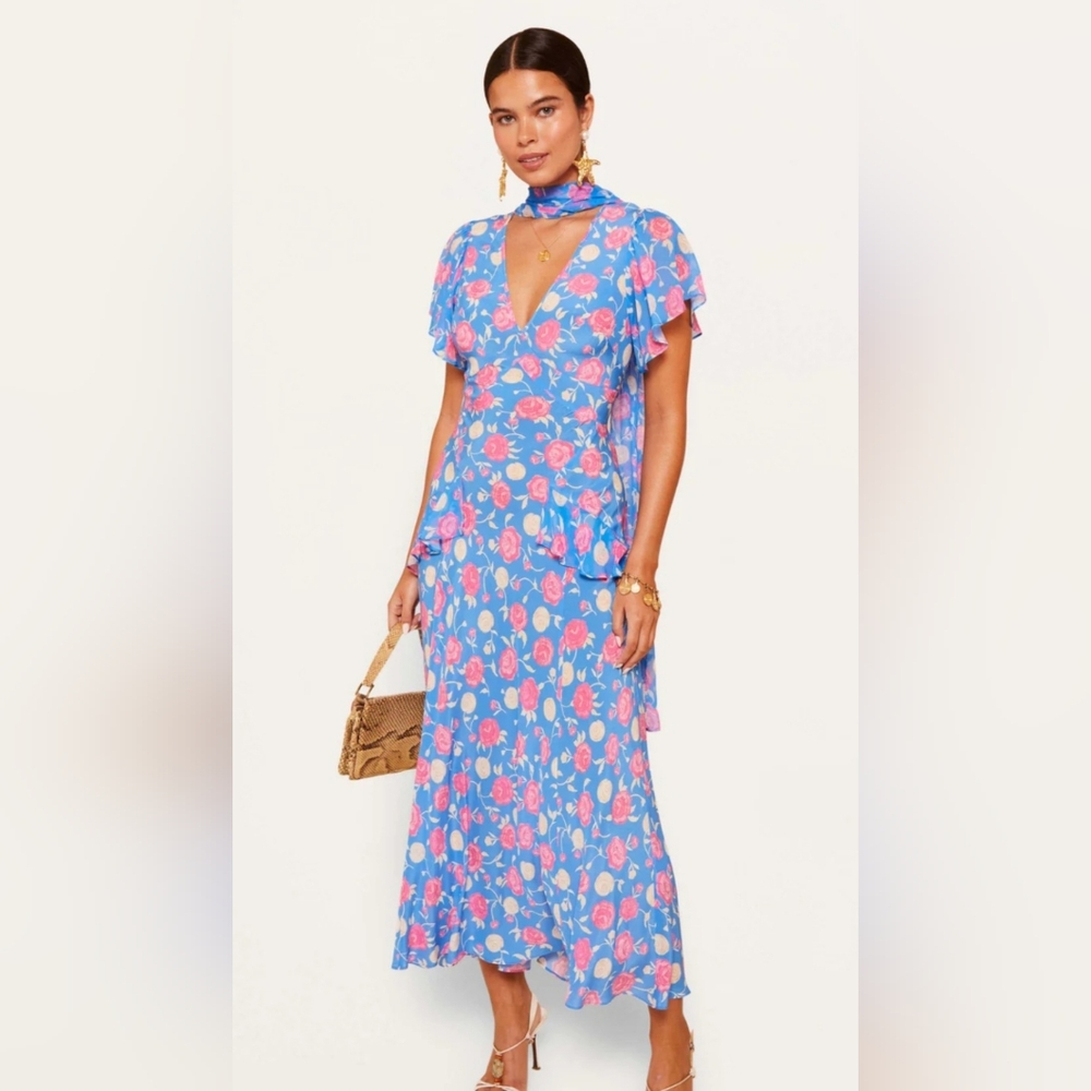 RIXO Evie Dress Rose Shell Blue Sz 10 US